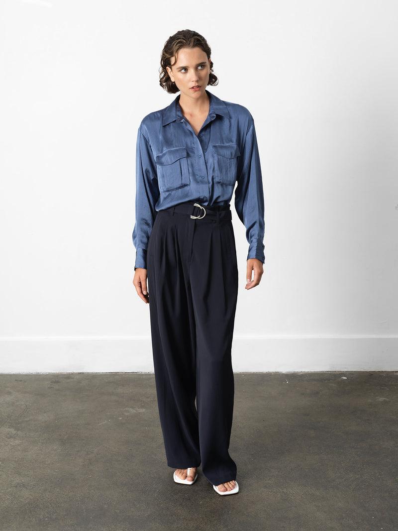 French Connection Paloma Satin Long Sleeve Shirt Slate Blue
