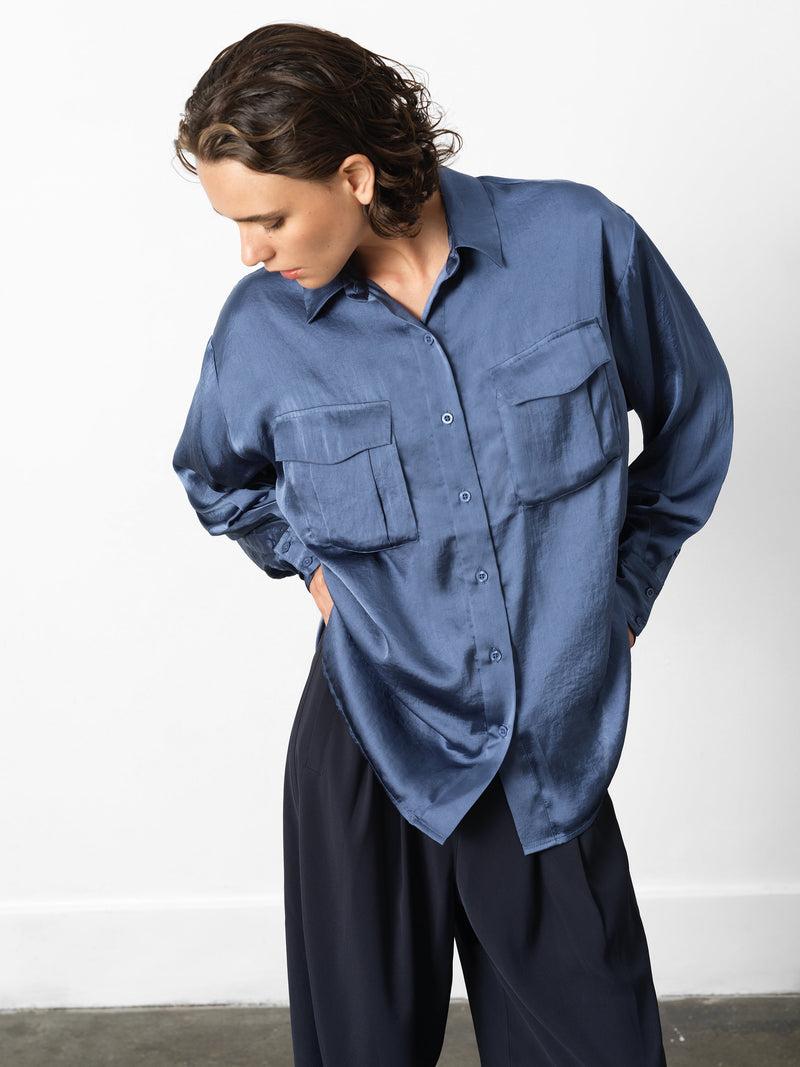 French Connection Paloma Satin Long Sleeve Shirt Slate Blue