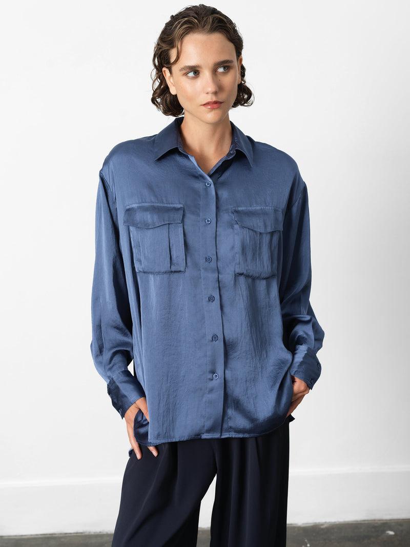 french connection Paloma Satin Long Sleeve Shirt Slate Blue