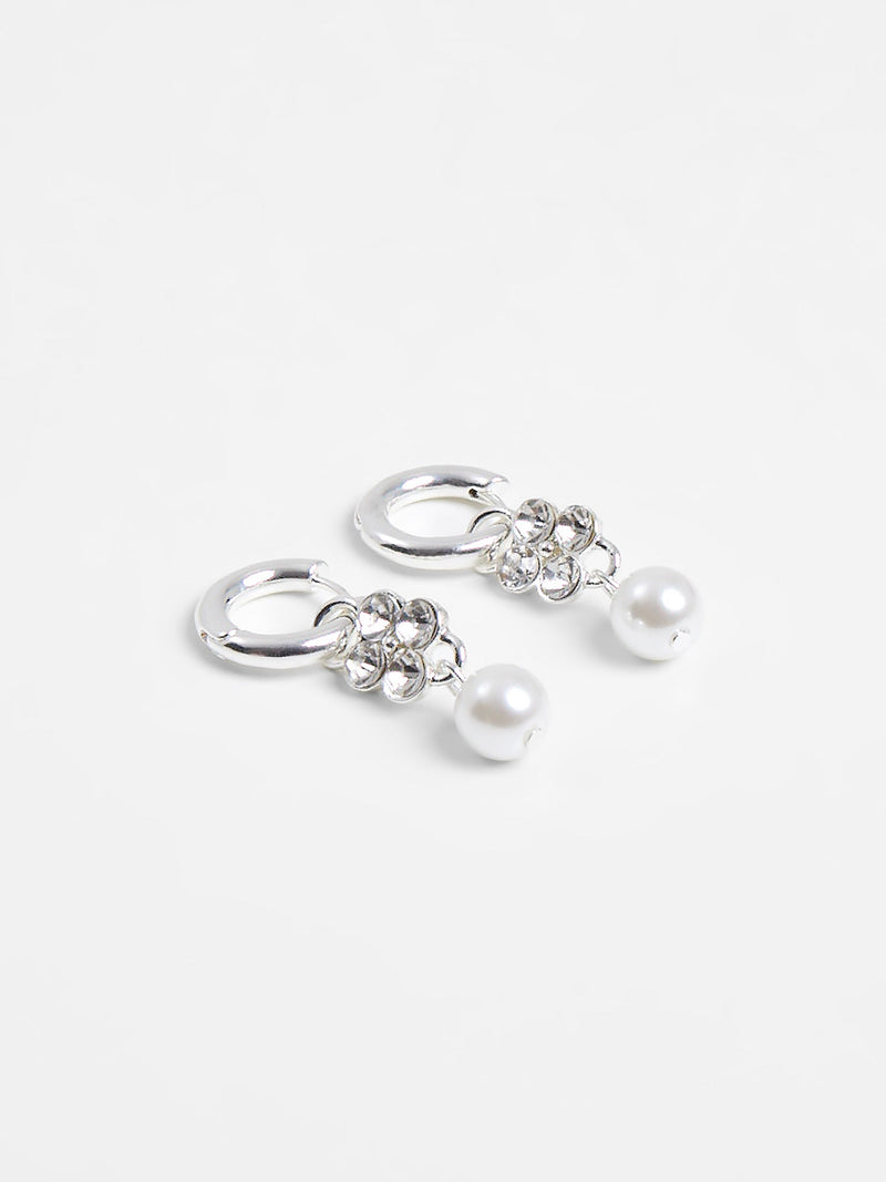 French Connection Pearl & Diamante Flower Huggie Hoop Earrings Silver/Pearl