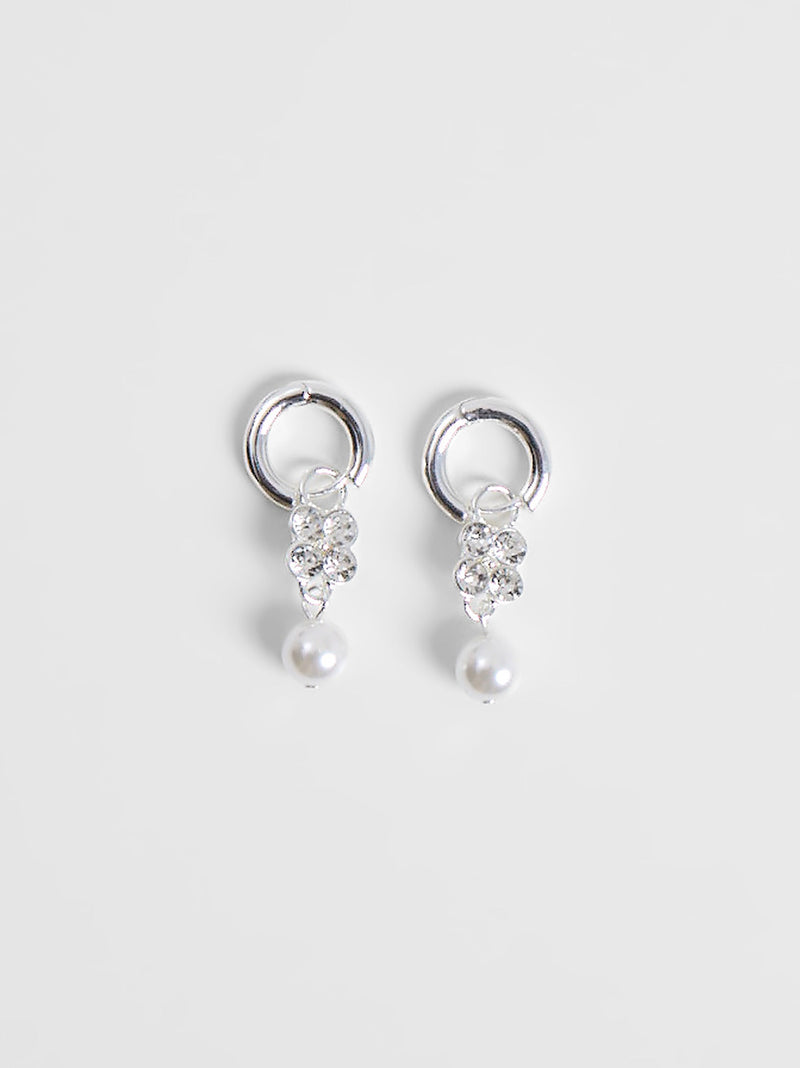 French Connection Pearl & Diamante Flower Huggie Hoop Earrings Silver/Pearl