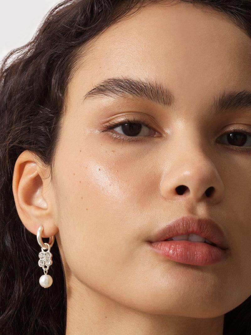 french connection Pearl & Diamante Flower Huggie Hoop Earrings Silver/Pearl