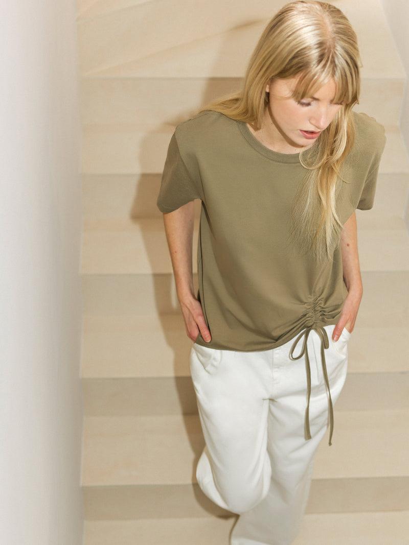 French Connection Rallie Cotton Rouched T-Shirt Cool Olive Green