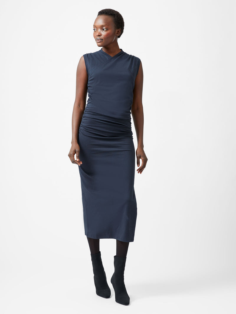 French Connection Rallie Cross Over Neck Ruched Midi Dress Navy