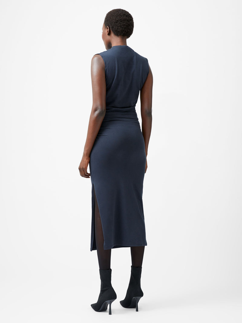 French Connection Rallie Cross Over Neck Ruched Midi Dress Navy