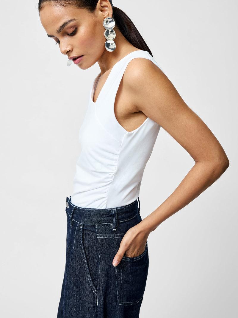 french connection Rallie Gathered Asymmetric Bodysuit Linen White