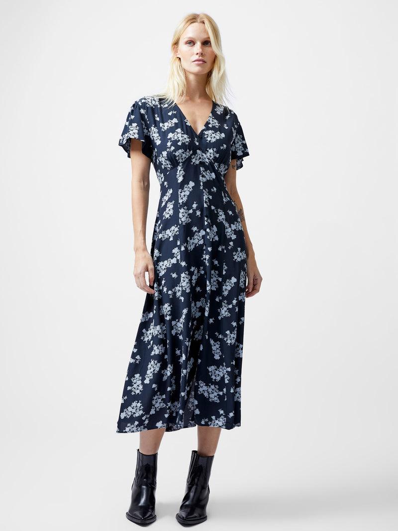 french connection Raquel Eco Flutter Sleeve V-Neck Midi Dress Navy