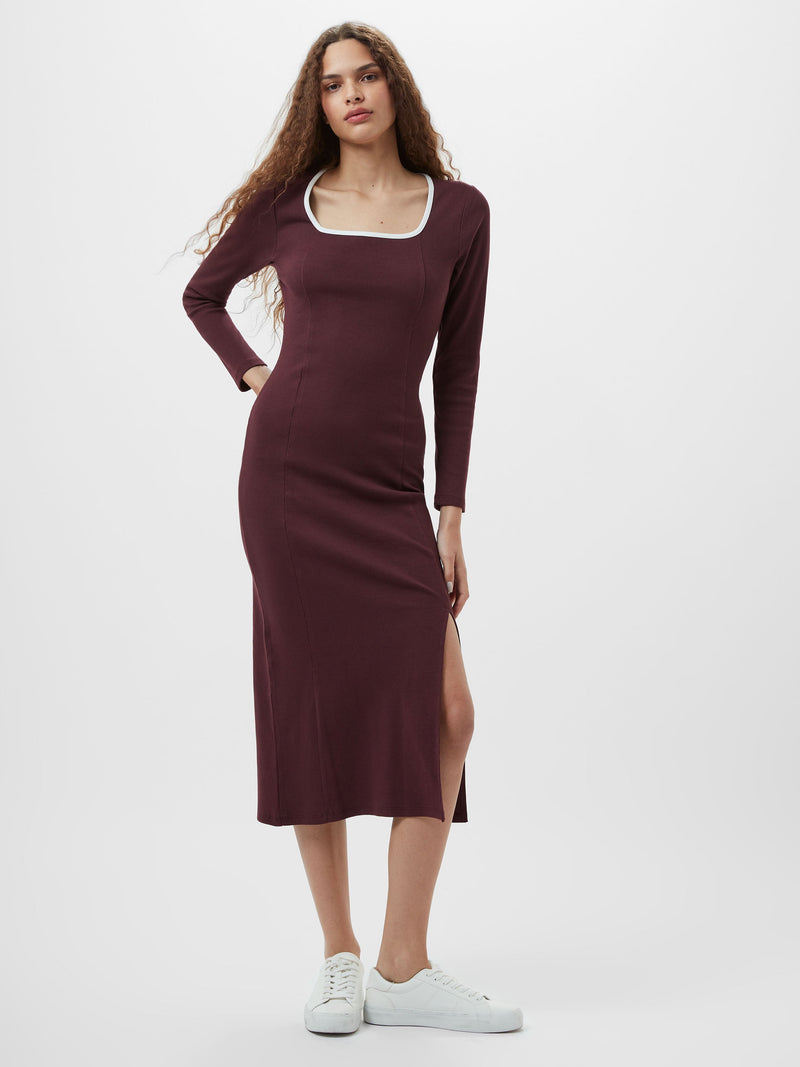 French Connection Rassia Rib Square Neck Midi Dress Burgandy/Porc Cream