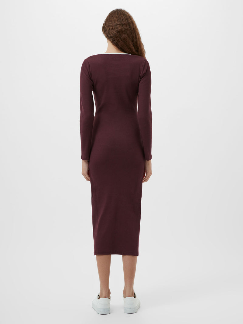 French Connection Rassia Rib Square Neck Midi Dress Burgandy/Porc Cream