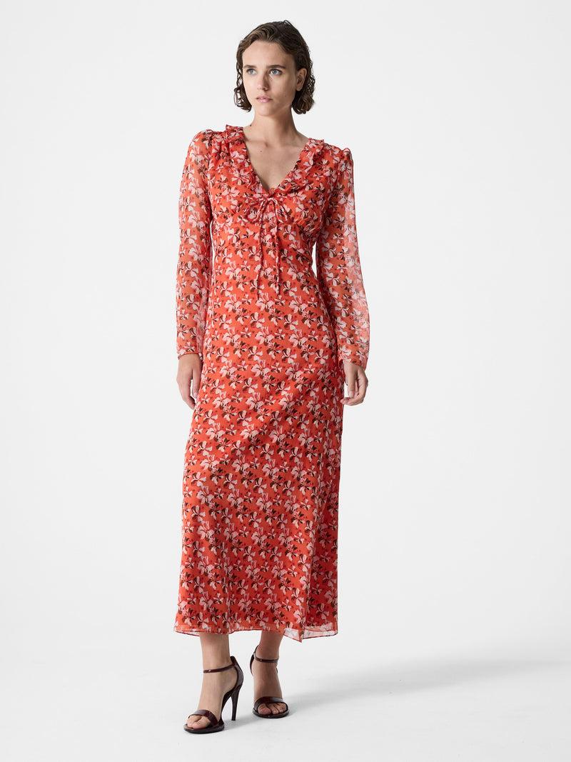 French Connection Rebecca Emina V Neck Dress Flame Orange Multi