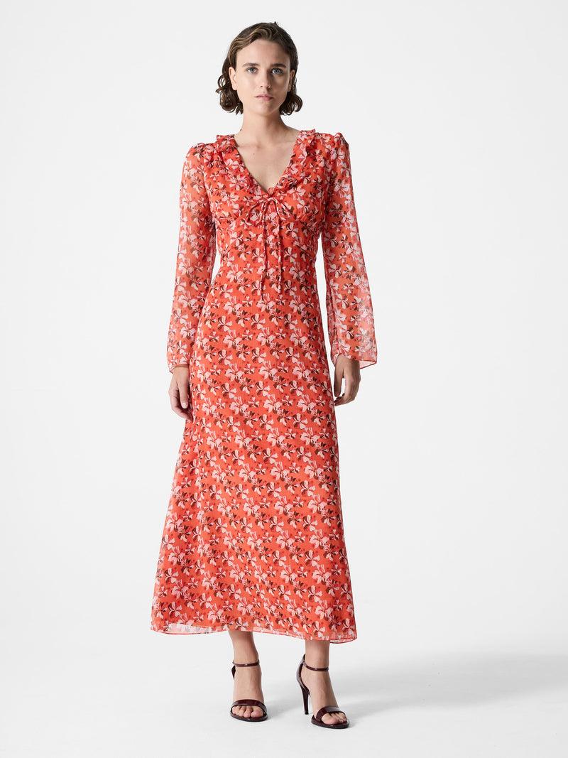 French Connection Rebecca Emina V Neck Dress Flame Orange Multi