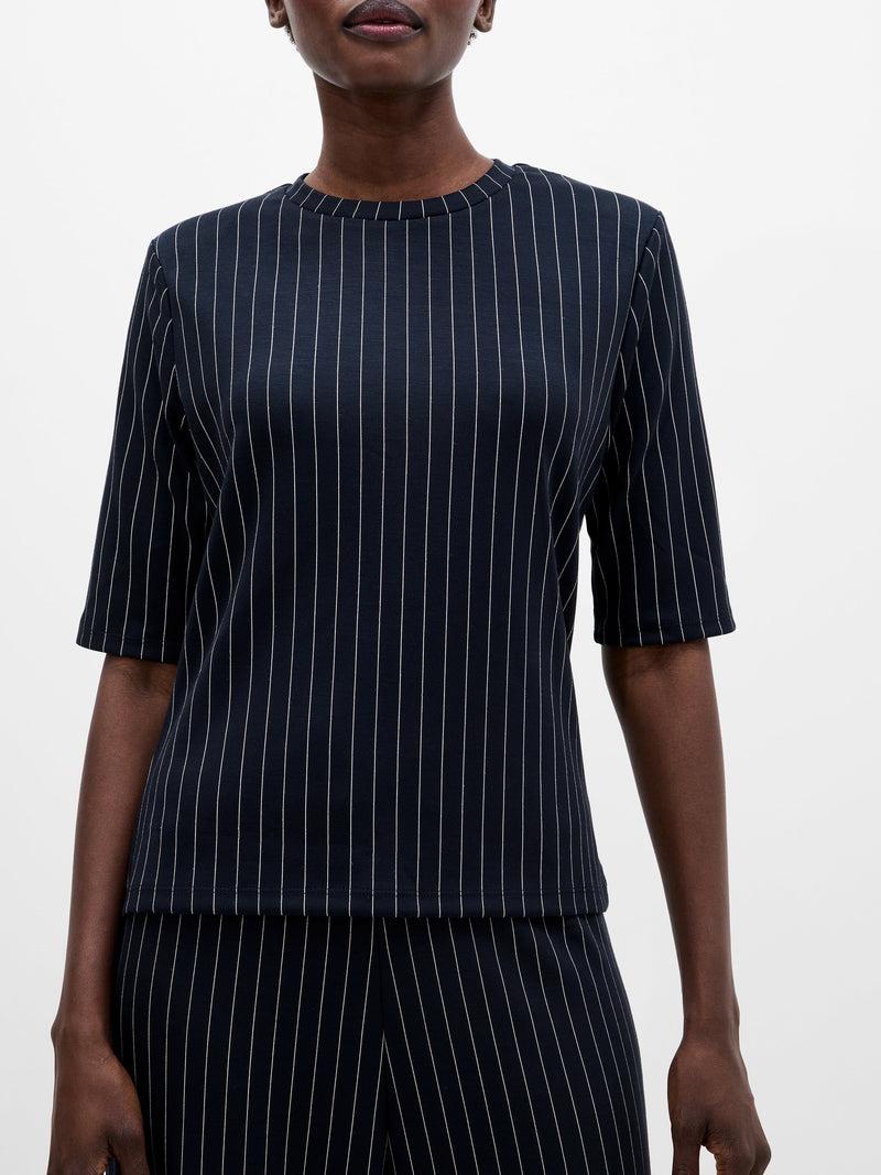 French Connection Regina Jersey Pinstripe Shoulder Pad T-Shirt Navy White
