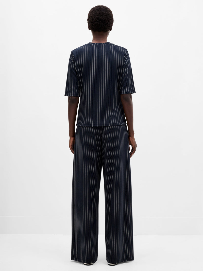 French Connection Regina Jersey Pinstripe Shoulder Pad T-Shirt Navy White