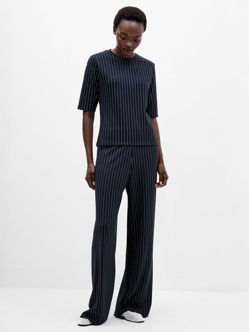 french connection Regina Jersey Pinstripe Shoulder Pad T-Shirt Navy White