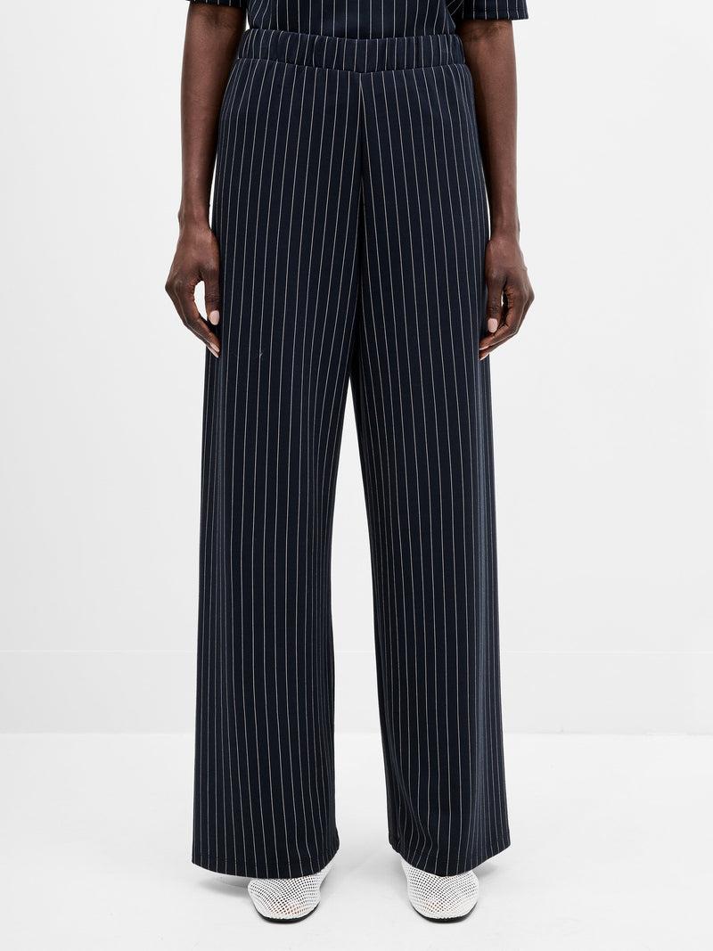 French Connection Regina Jersey Pinstripe Wide Leg Trousers Navy White