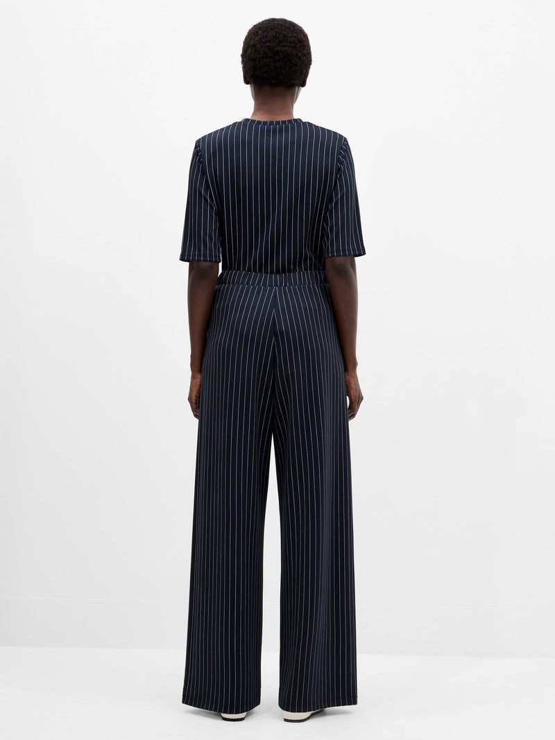 French Connection Regina Jersey Pinstripe Wide Leg Trousers Navy White