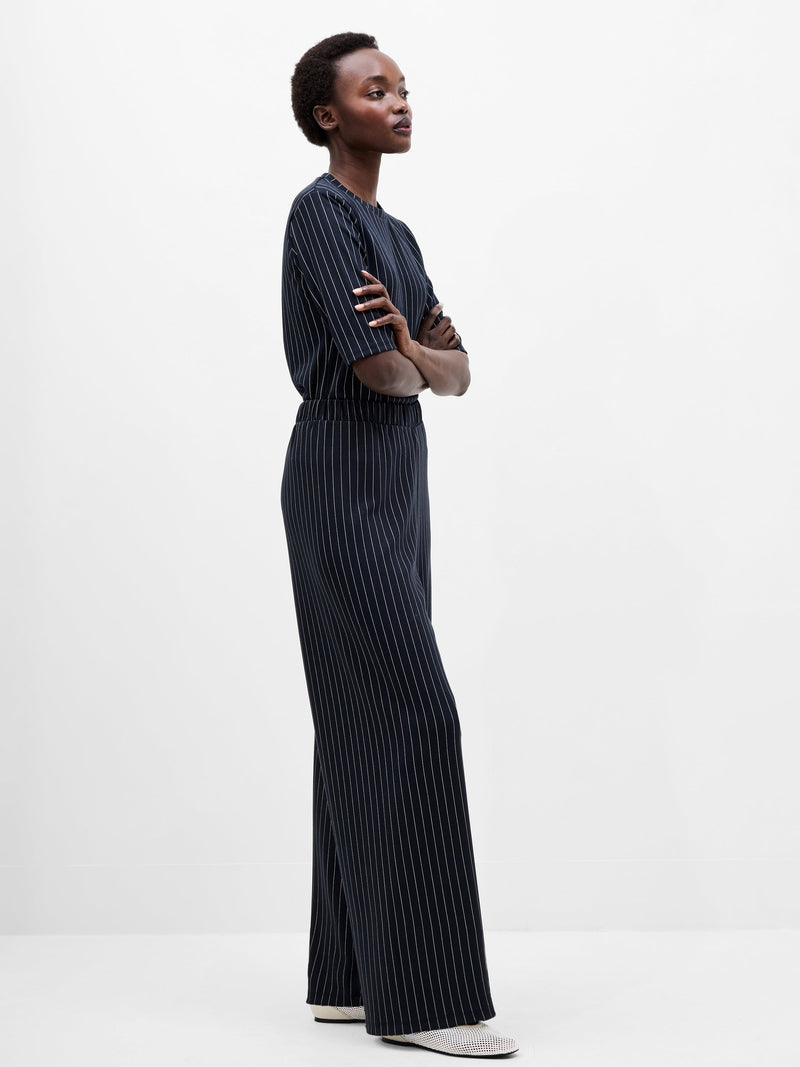 French Connection Regina Jersey Pinstripe Wide Leg Trousers Navy White