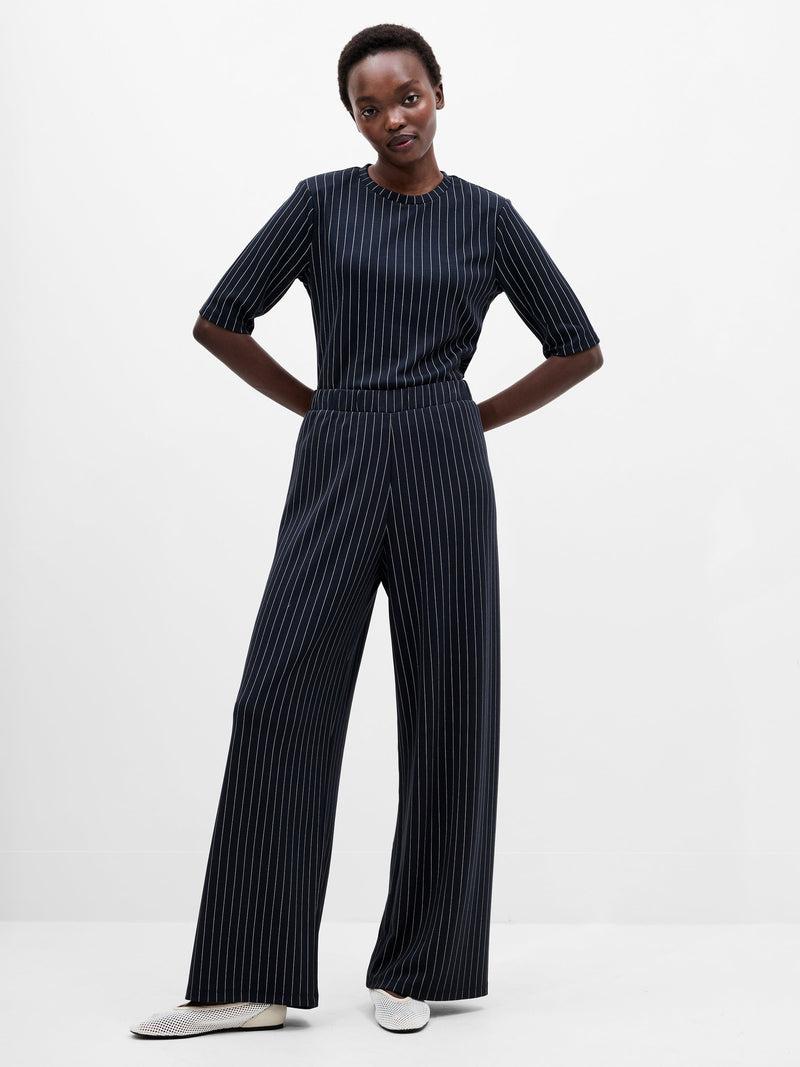 french connection Regina Jersey Pinstripe Wide Leg Trousers Navy White