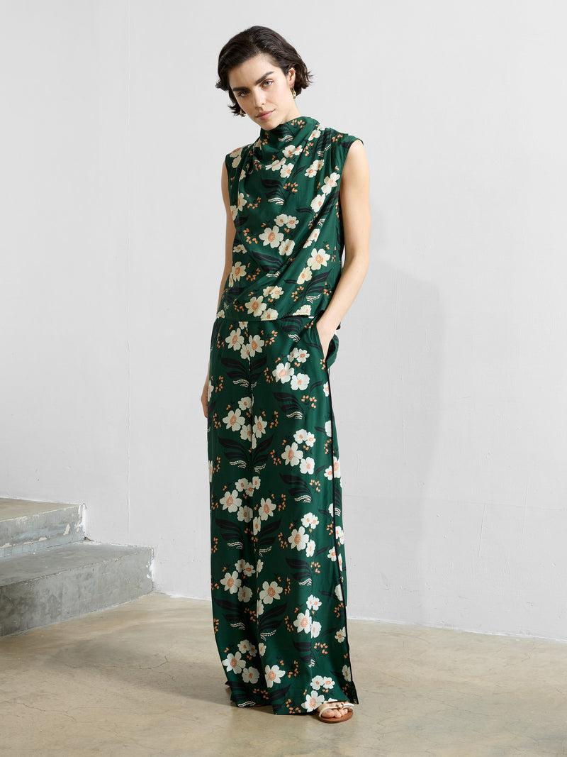french connection Rhian Eco Printed Wide Leg Trousers Jade Green Multi