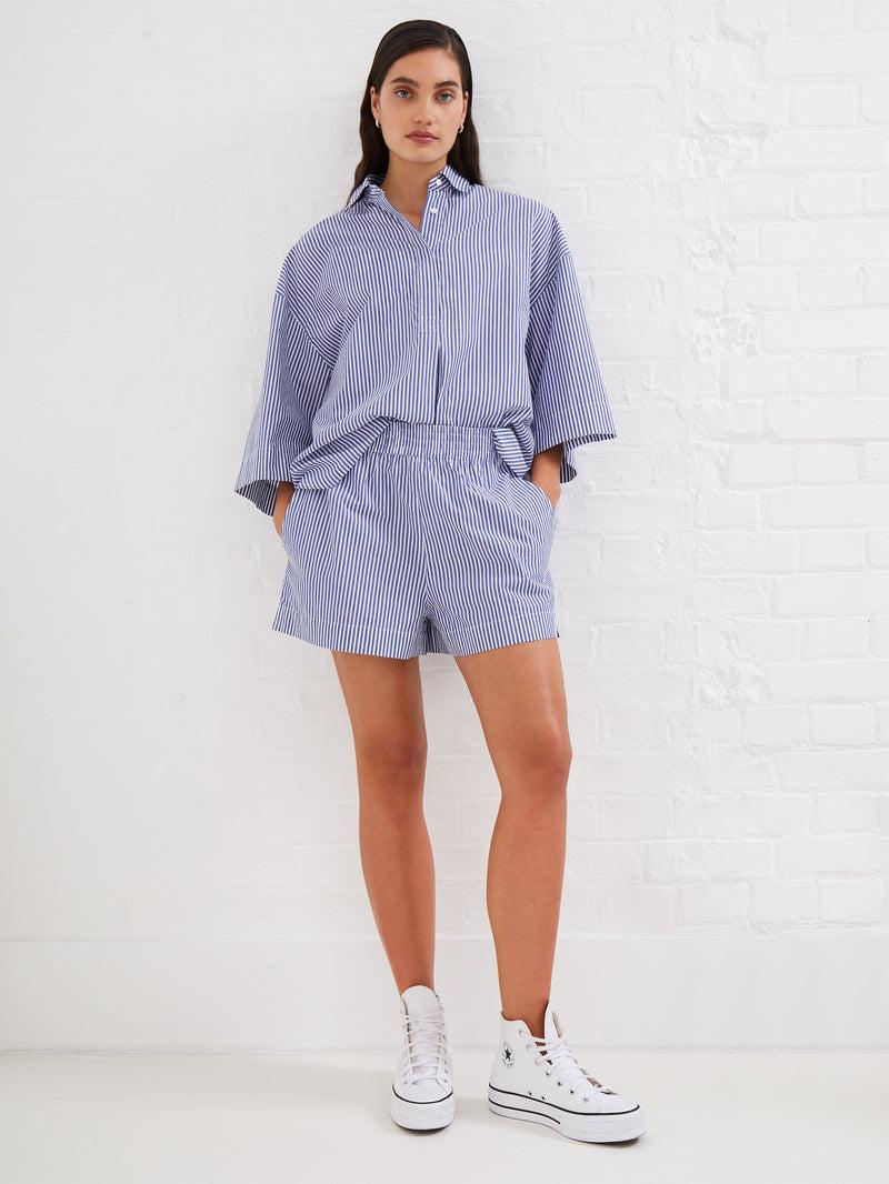 French Connection Rhodes Poplin Stripe Pull-On Shorts Linen White/Marine