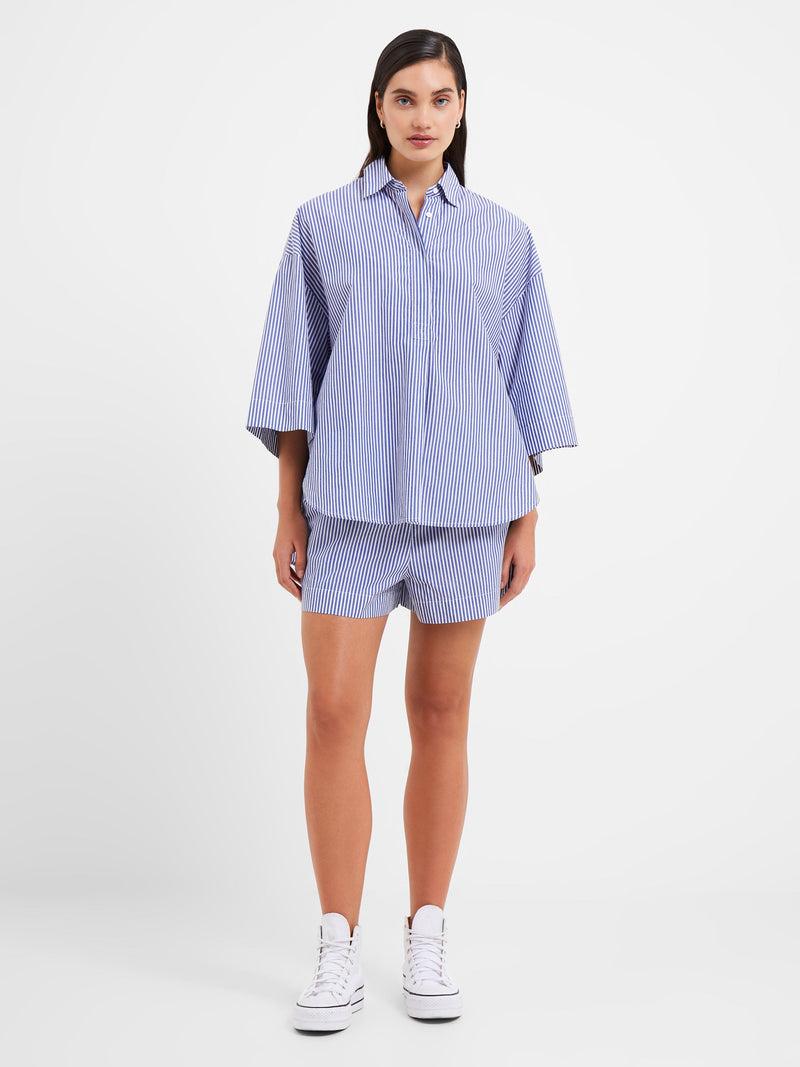 french connection Rhodes Poplin Stripe Pull-On Shorts Linen White/Marine