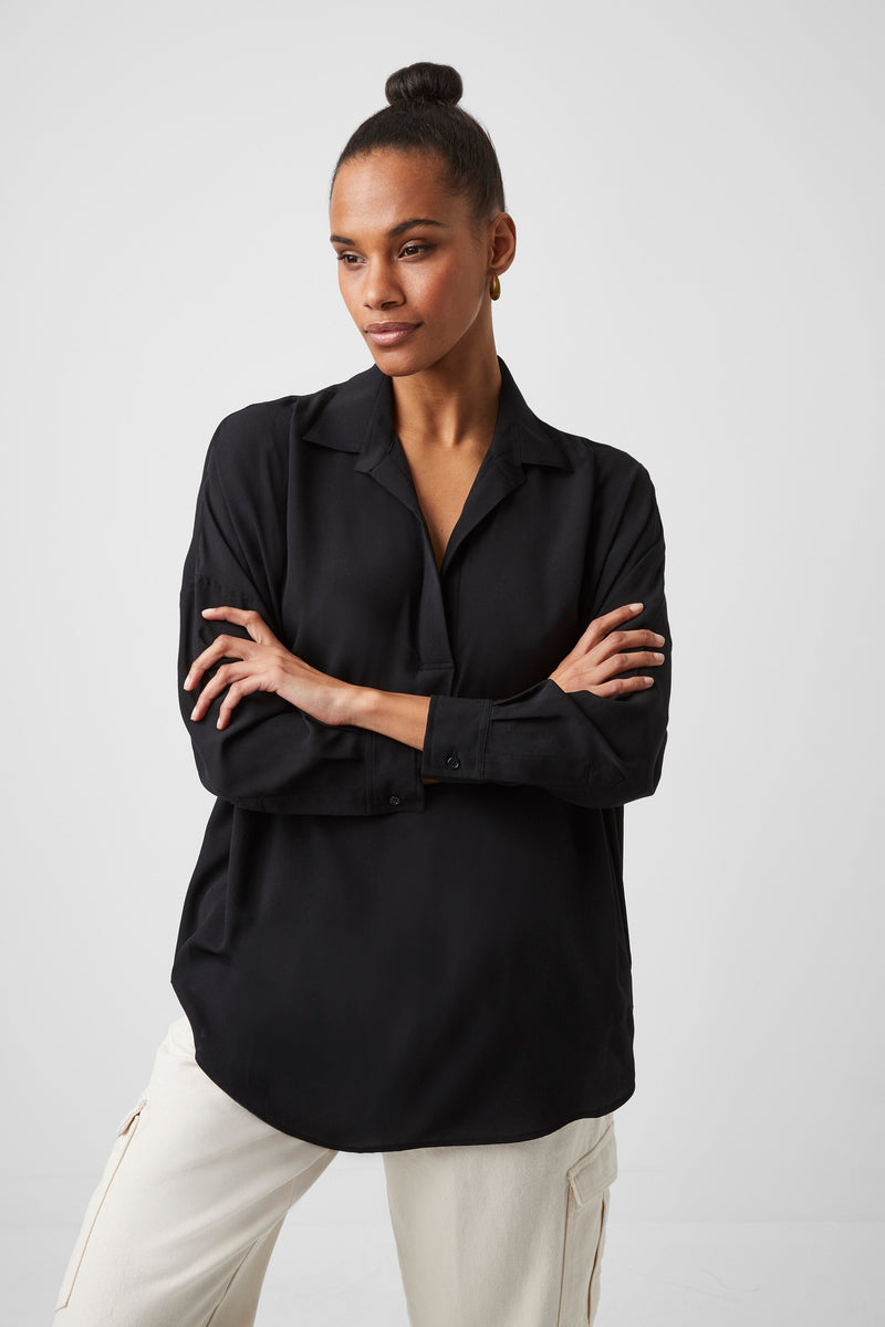 French Connection Rhodes Recycled Crepe Popover Shirt Black
