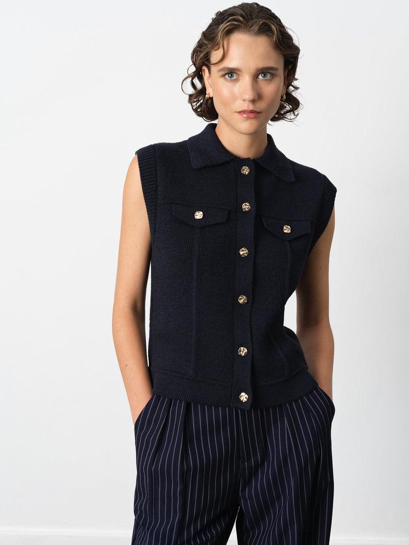 french connection Roland Knit Collared Gilet Indigo