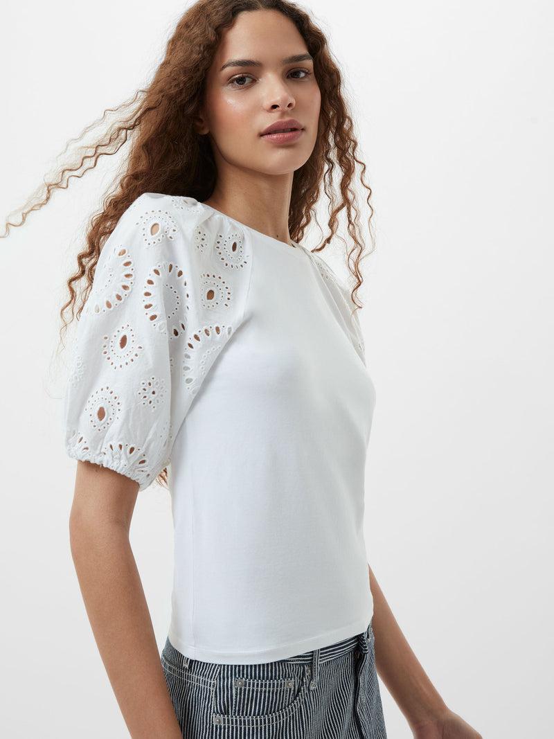 french connection Rosana Anglaise Puff Sleeve Top Linen White