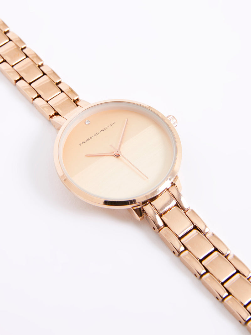French Connection Rose Gold Tone Bracelet Watch With Rose Gold Dial Rose Gold