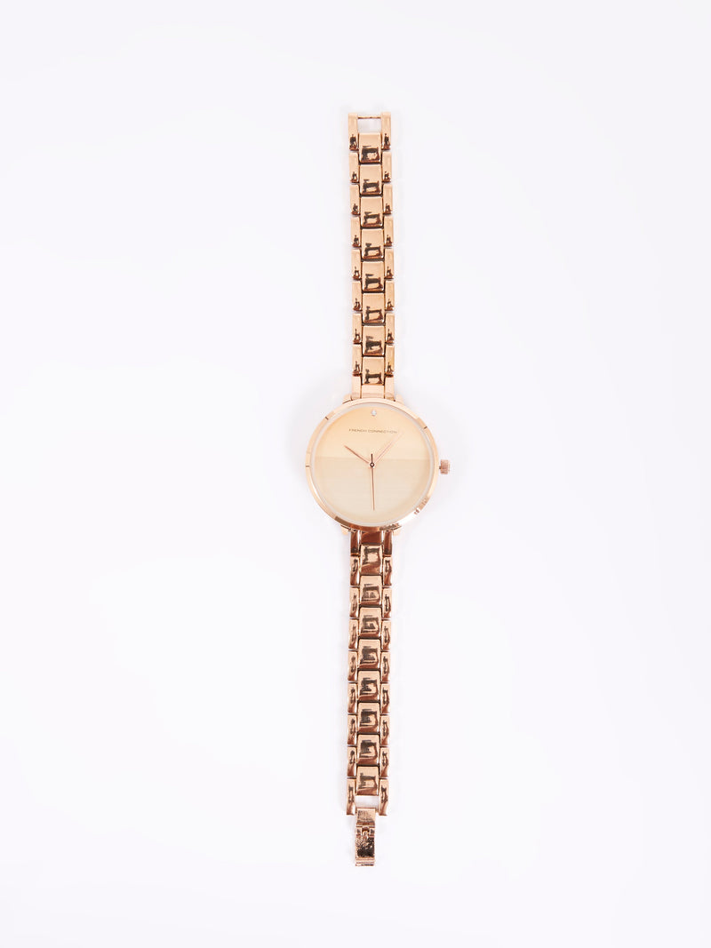 French Connection Rose Gold Tone Bracelet Watch With Rose Gold Dial Rose Gold