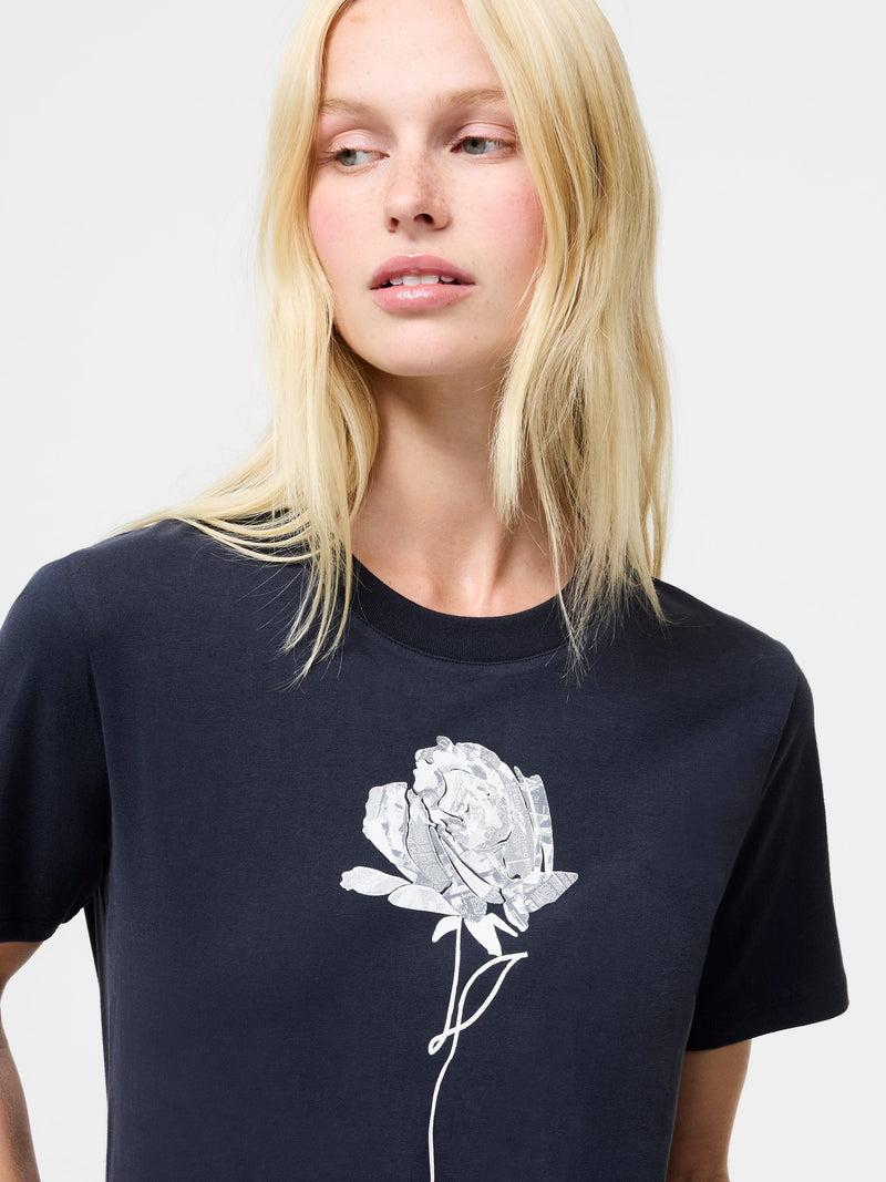 French Connection Rose Print Graphic T-Shirt Navy White