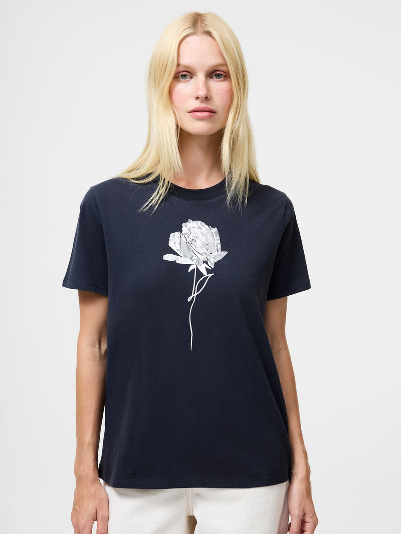 french connection Rose Print Graphic T-Shirt Navy White