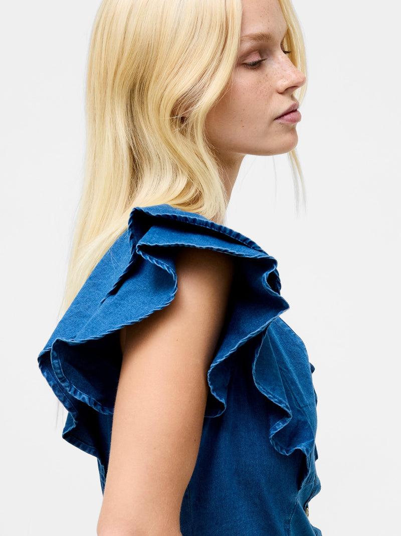 French Connection Ruffle Denim Chambray Dress Mid Wash