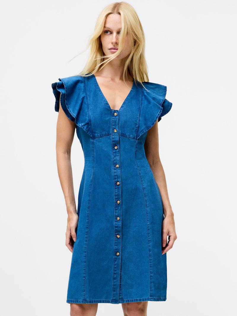 french connection Ruffle Denim Chambray Dress Mid Wash