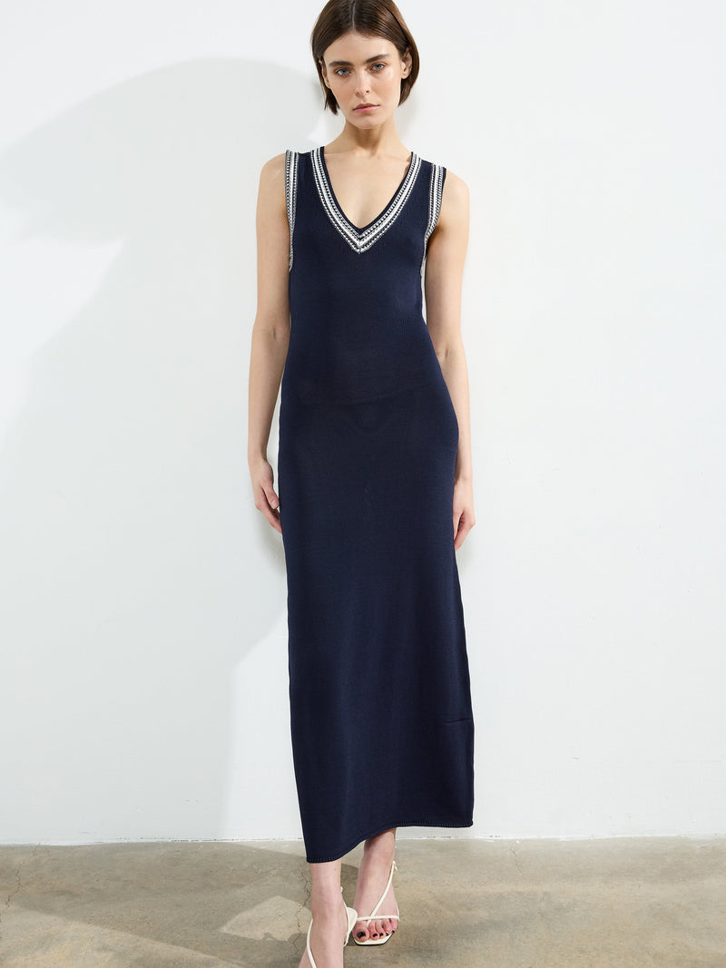 French Connection Sage Knitted Trim Dress Navy/Summer White