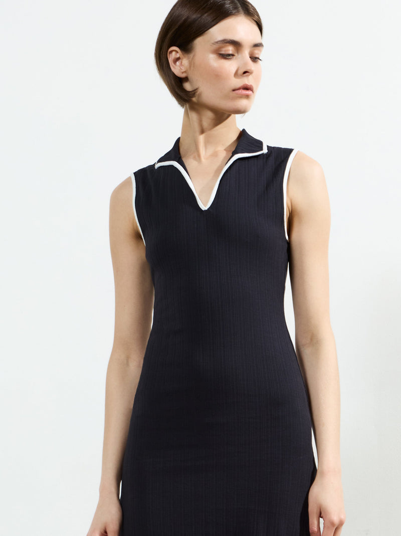 French Connection Sasia Rib Binding Collared Midi Dress Navy/White