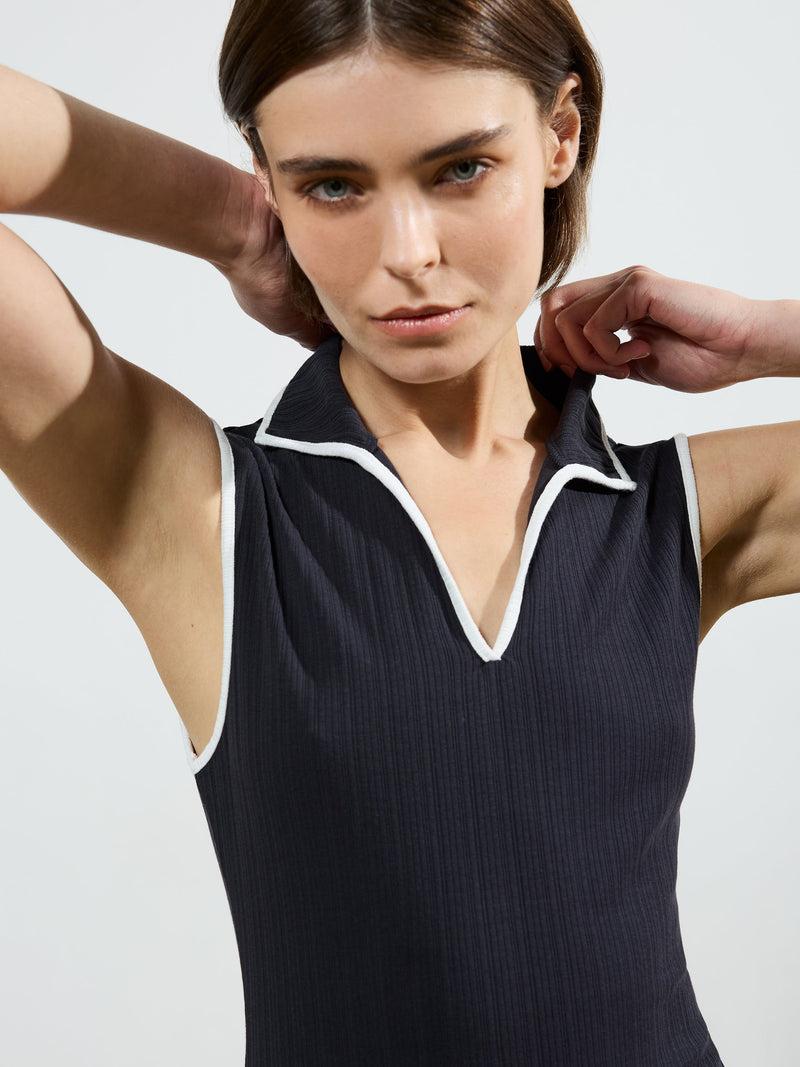 French Connection Sasia Rib Binding Collared Midi Dress Navy/White