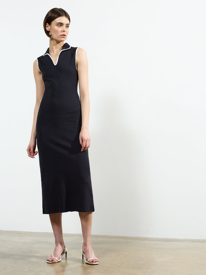 french connection Sasia Rib Binding Collared Midi Dress Navy/White