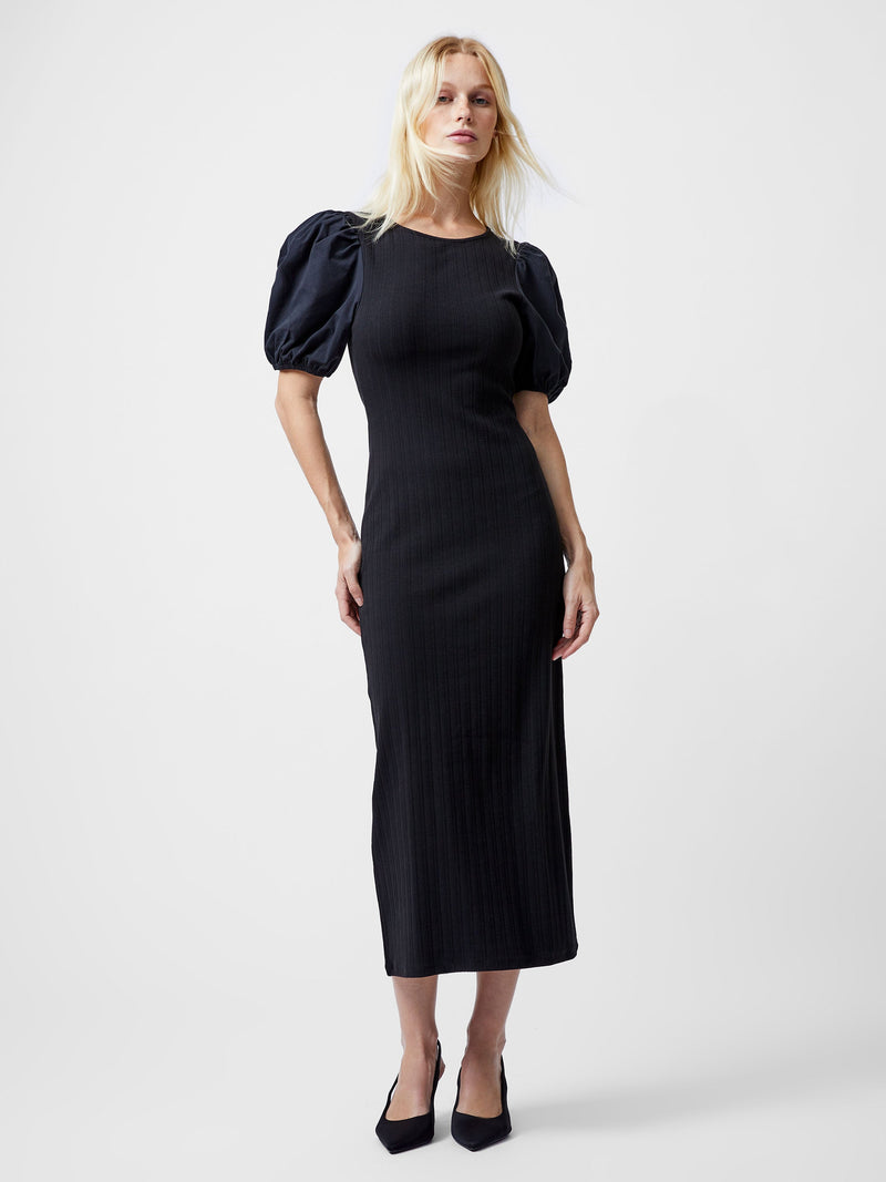french connection Sasia Ribbed Puff Sleeve Midi Dress Black