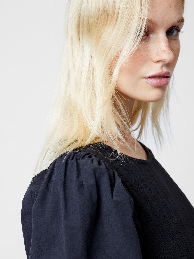 French Connection Sasia Ribbed Puff Sleeve Midi Dress Black