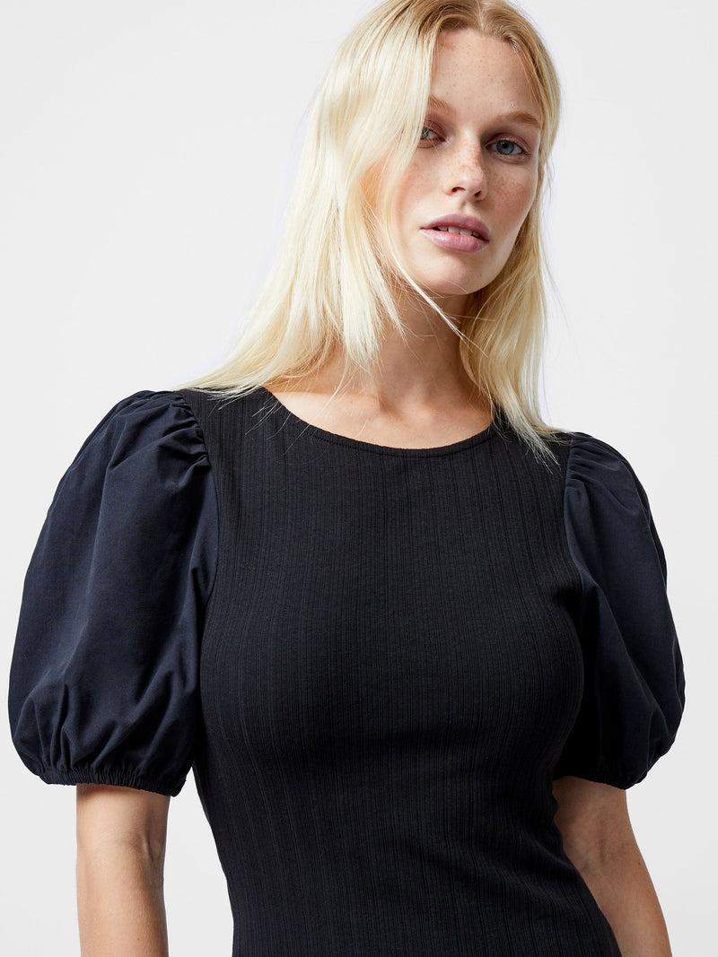French Connection Sasia Ribbed Puff Sleeve Midi Dress Black