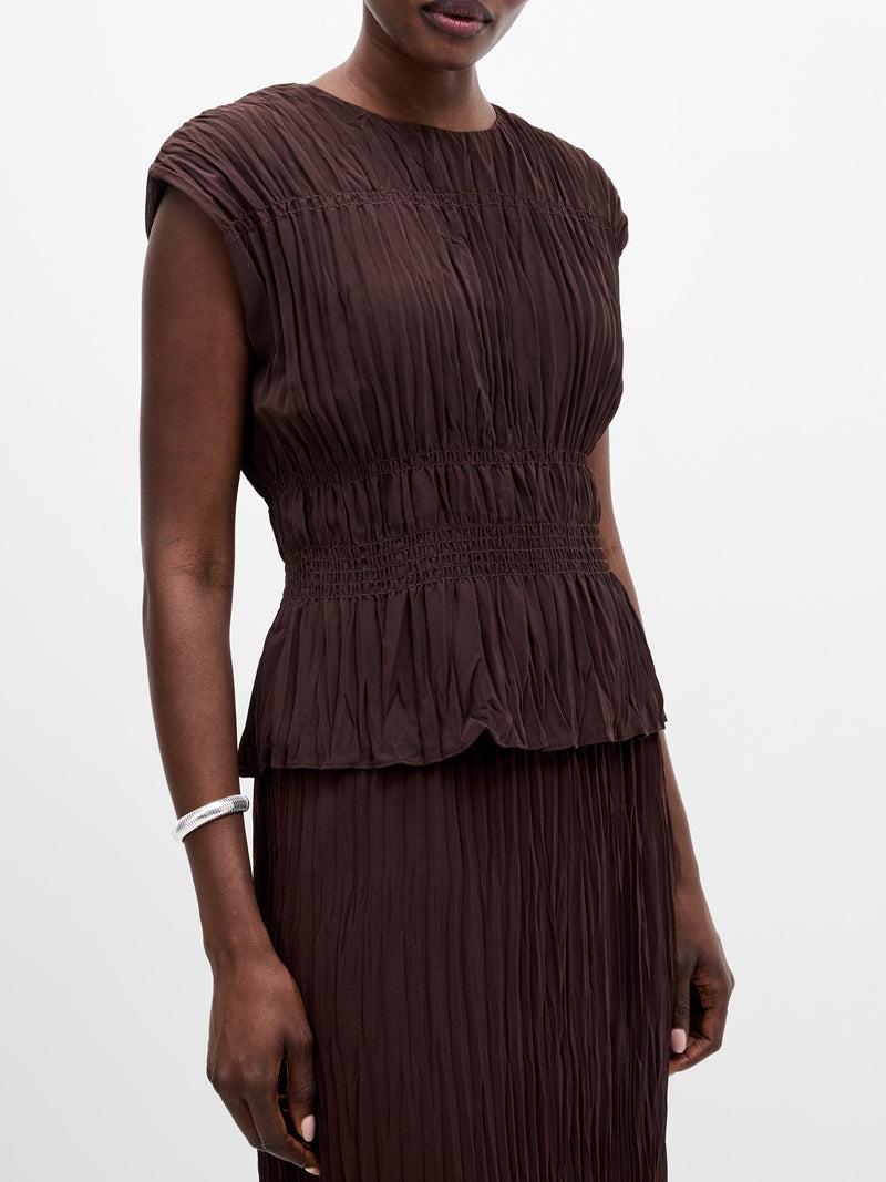 French Connection Saylor Pleated Georgette Sleeveless Top Bitter Chocolate