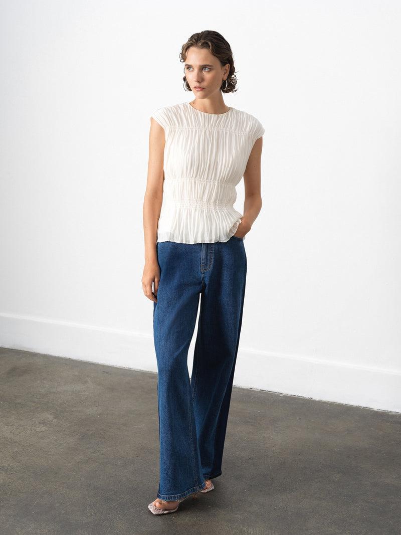 French Connection Saylor Pleated Georgette Sleeveless Top Porcelain Cream