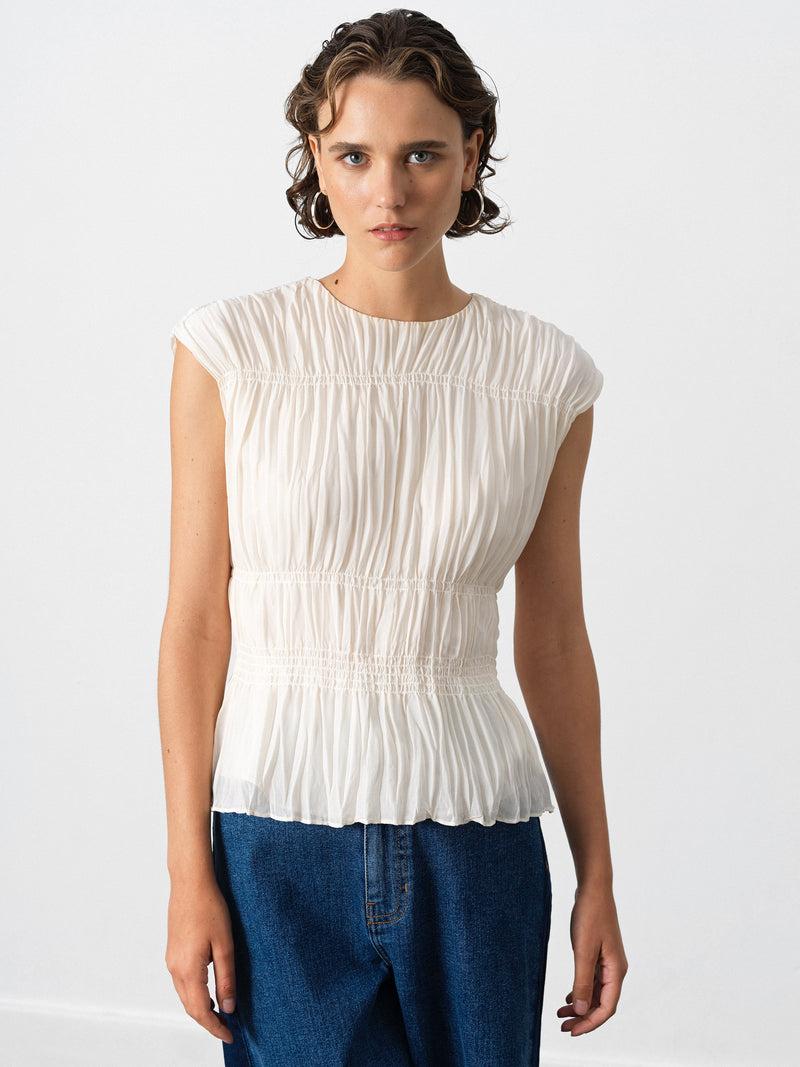 French Connection Saylor Pleated Georgette Sleeveless Top Porcelain Cream