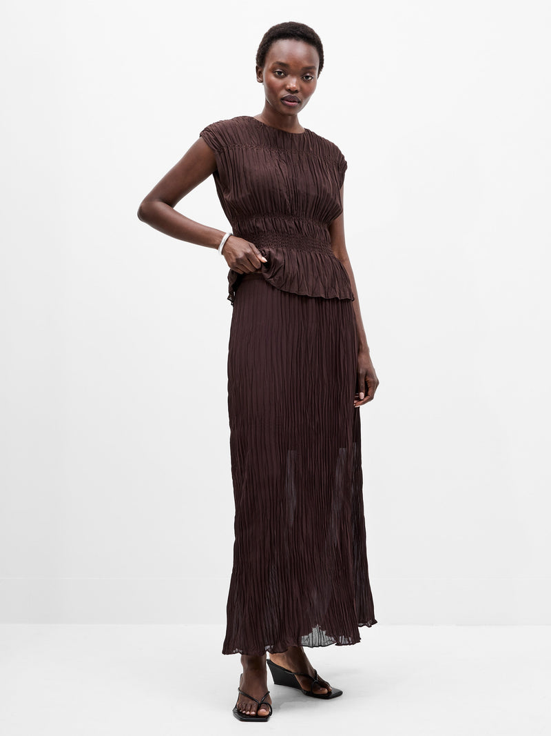 French Connection Saylor Pleated Overlay Maxi Skirt Bitter Chocolate