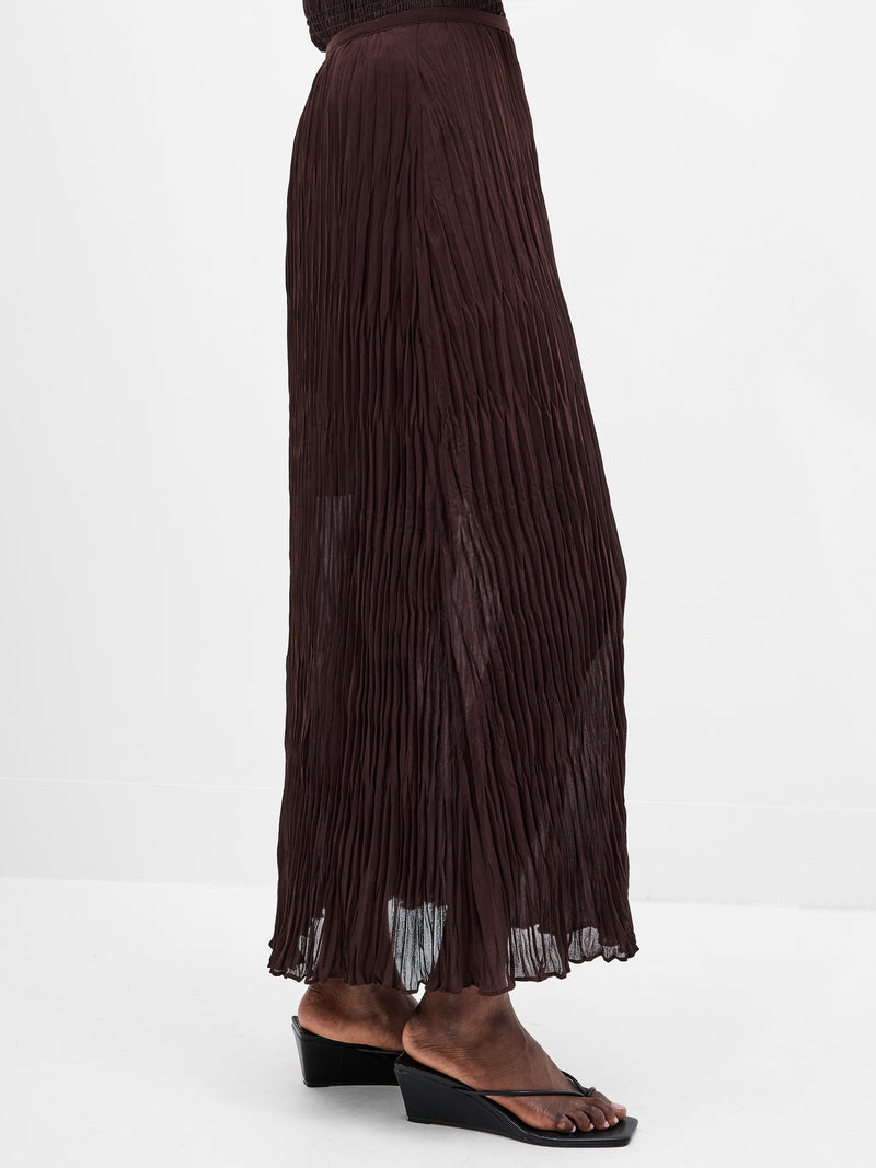 French Connection Saylor Pleated Overlay Maxi Skirt Bitter Chocolate