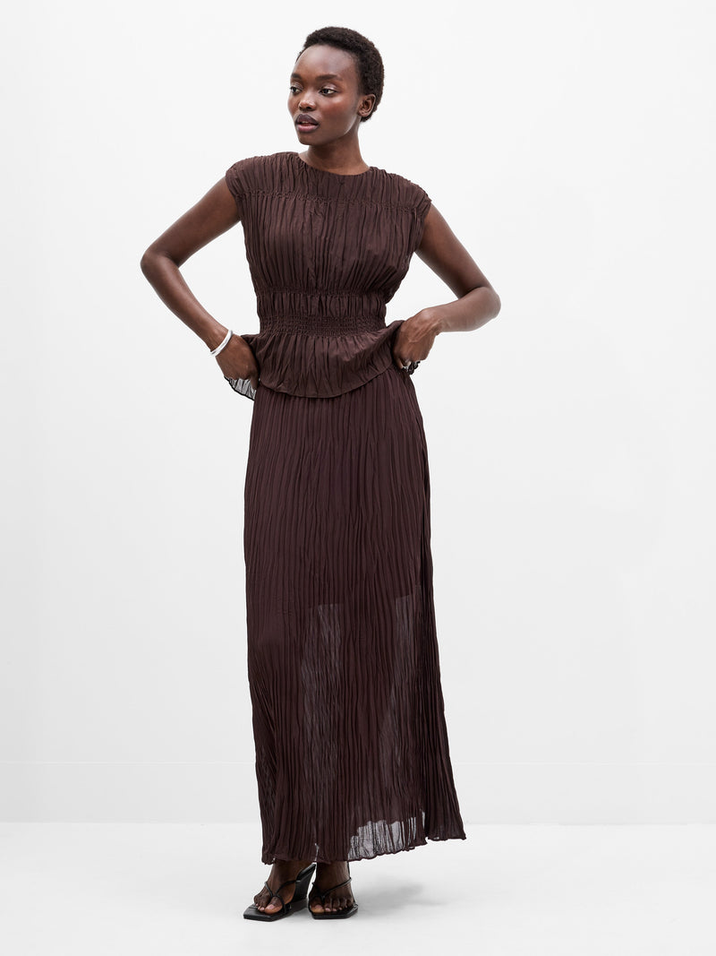 french connection Saylor Pleated Overlay Maxi Skirt Bitter Chocolate
