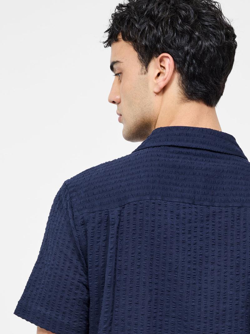 French Connection Seersucker Short Sleeve Shirt Navy