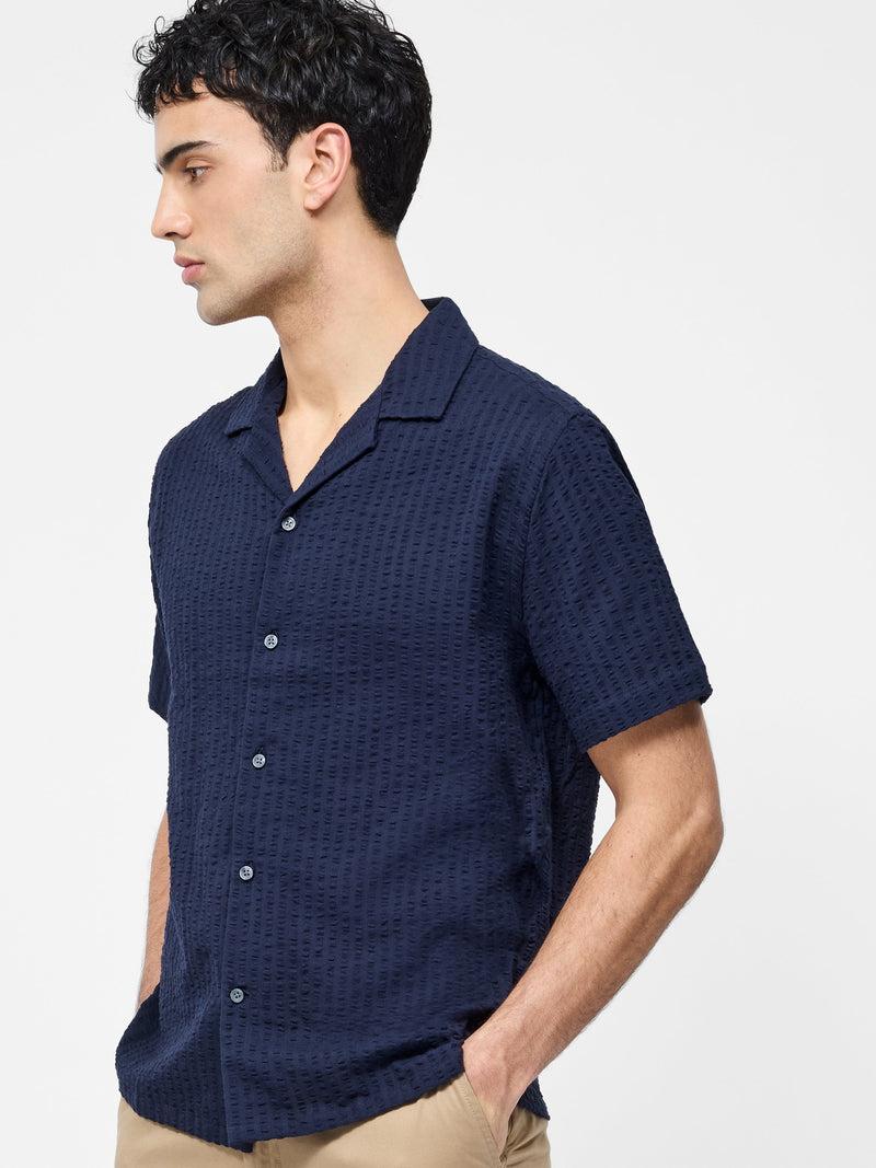 French Connection Seersucker Short Sleeve Shirt Navy