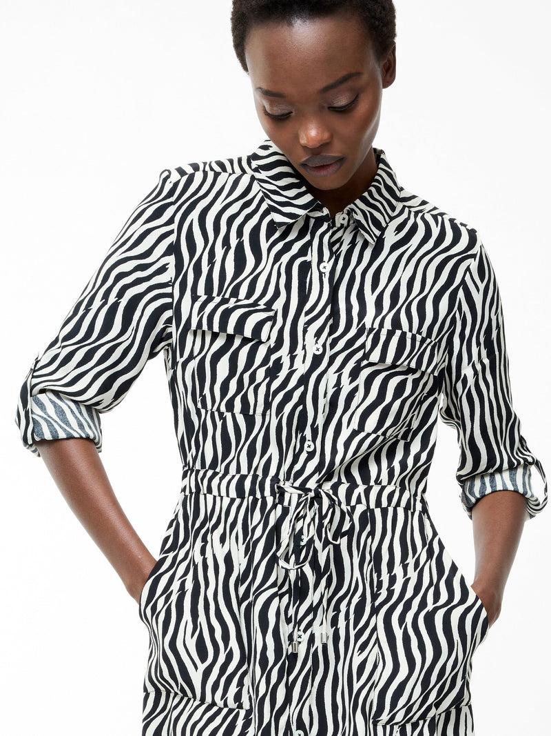 French Connection Seine Zebra Tie Shirt Dress Black/Classic Cream